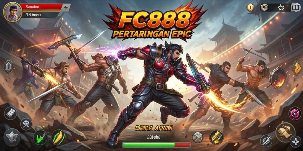 Screenshot utama FC888 menunjukkan aksi pertarungan yang dinamis dan mendebarkan.