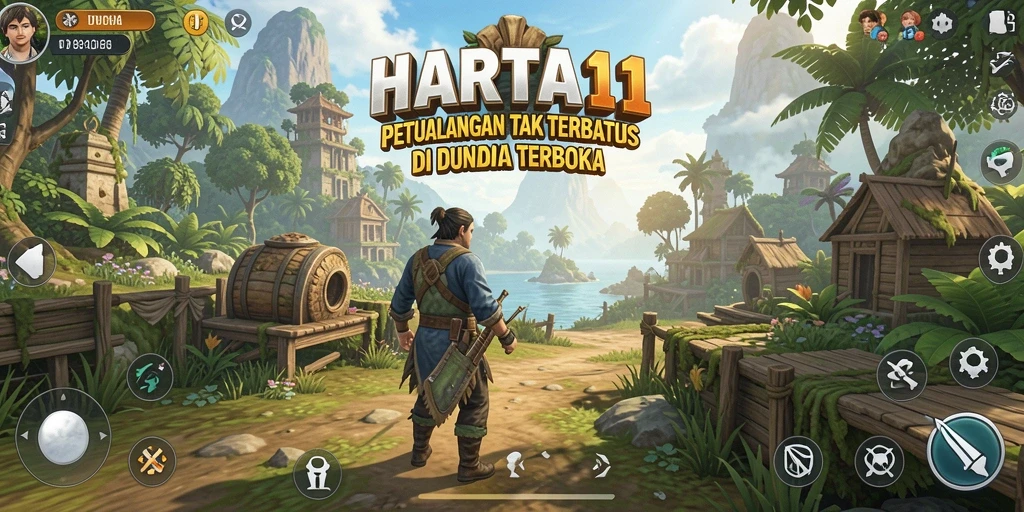 Tangkapan layar HARTA11 menunjukkan pemain menjelajahi dunia terbuka yang indah.