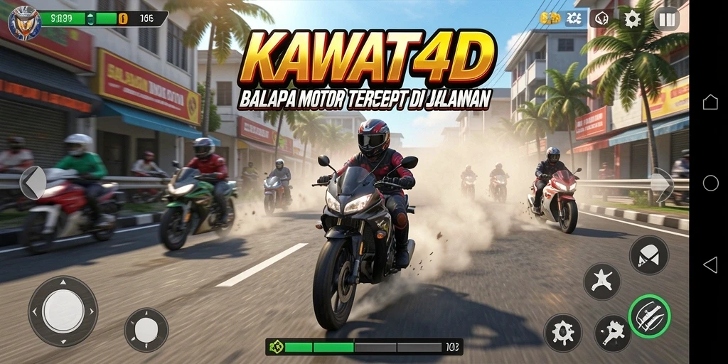 Tampilan gameplay KAWAT4D saat balapan motor di jalanan.