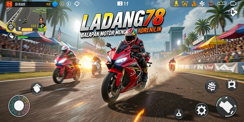 Screenshot game LADANG78 menunjukkan aksi balapan motor yang mendebarkan.