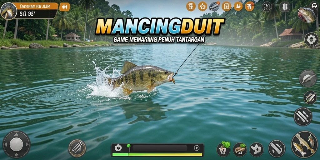 Screenshot utama MANCINGDUIT menampilkan pemain sedang memancing di lokasi yang indah.