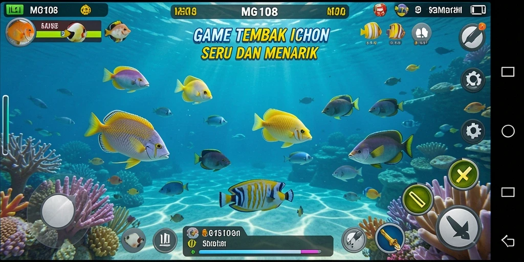 Screenshot gameplay MG108 saat menembak ikan besar dengan senjata.