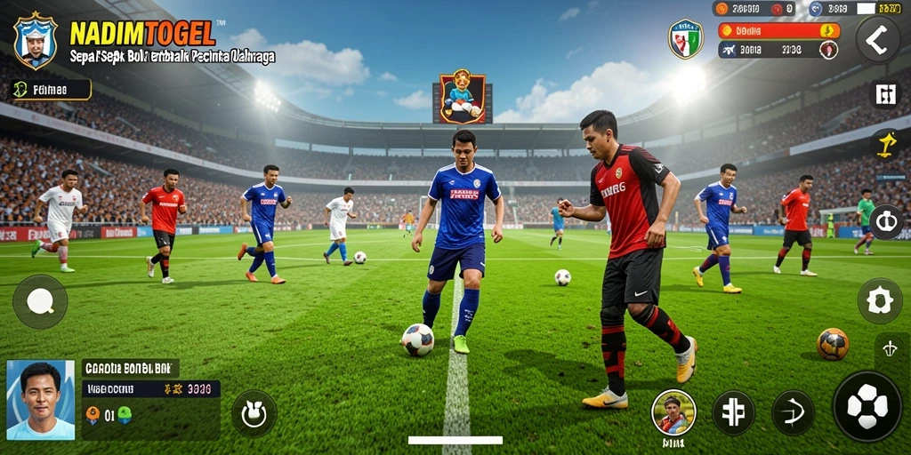 Tampilan gameplay NADIMTOGEL menampilkan aksi seru di lapangan sepak bola.