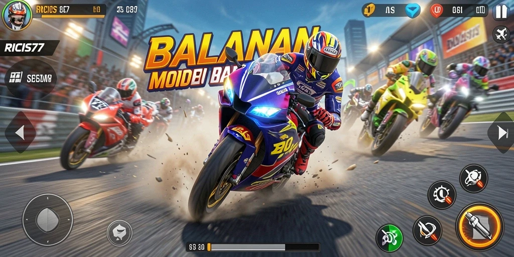 Screenshot gameplay RICIS77 menampilkan aksi balapan motor yang mendebarkan.